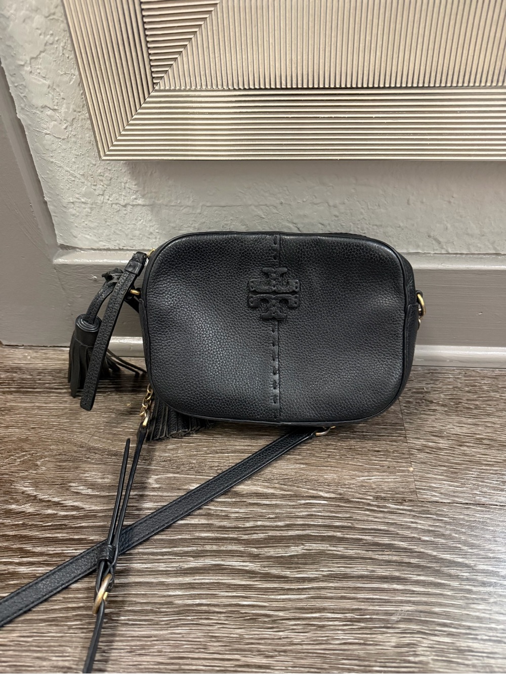 Tory Burch Black Pebbled Leather Tassel Crossbody
